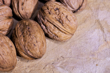 Walnuts on rustic wooden background. Close-up image.の写真素材