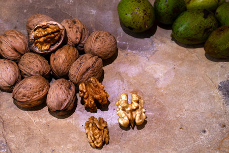Walnuts and walnuts on rustic background. Healthy food.の写真素材