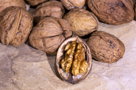 Walnut kernels and whole walnuts background, closeupの写真素材