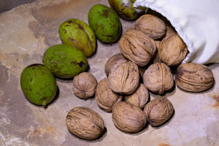 Walnuts in a white bag on a stone background. Selective focus.の写真素材