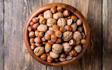Walnuts and hazelnuts in a wooden bowl on a wooden backgroundの写真素材