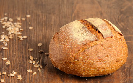 Rustic Homemade Artisan Bread on Antique Wooden Table, Food Photography Printの写真素材