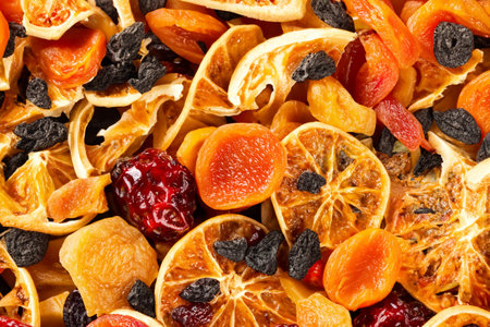 Dried fruits background. Dried apricots, raisins, cranberriesの写真素材
