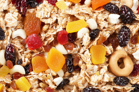 Muesli with dried fruits as a background. Top views.の写真素材