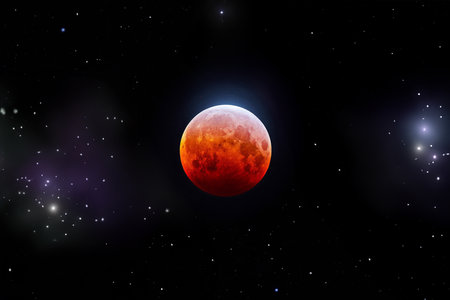 Red blood moon and white cloudsの写真素材