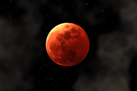 Red blood moon in the night sky. 3D illustration.の写真素材