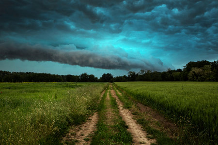 Dirt road through green field and dark stormy sky with cloudsの写真素材