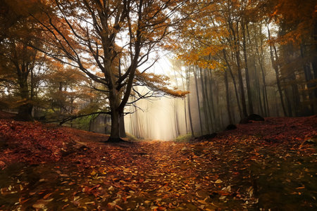 Autumn forest with fog in the morning. Beautiful nature scenes.の写真素材