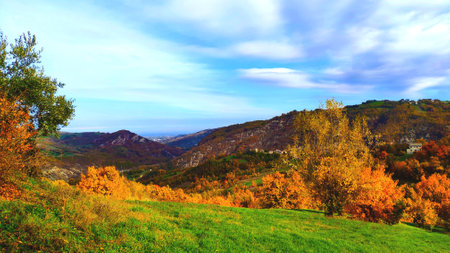 Autumn landscape with colorful trees on hillside and blue sky with cloudsの写真素材
