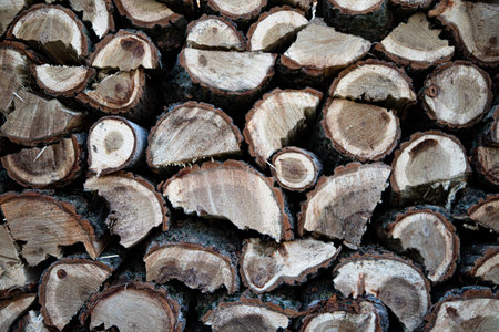 Firewood close-up. Background of chopped firewood in a pile.の写真素材