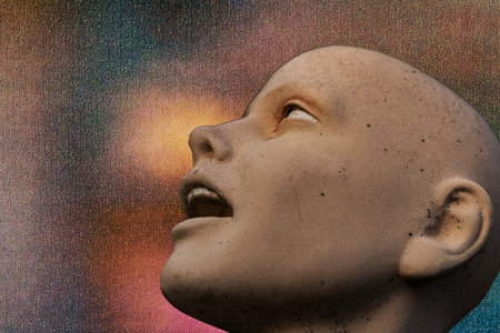Close up of a mannequin head with an abstract background.