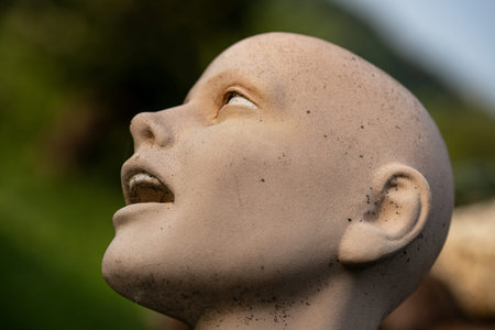 Ceramic doll face in the garden, detail of a sculptureの写真素材