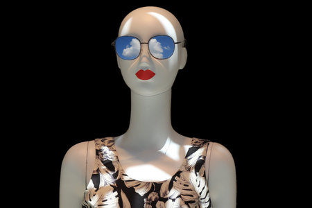 Mannequin wearing sunglasses and blouse, isolated on black backgroundの写真素材