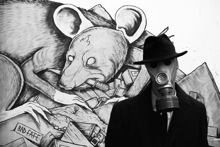 Rhinoceros in a gas mask and a man in a hat