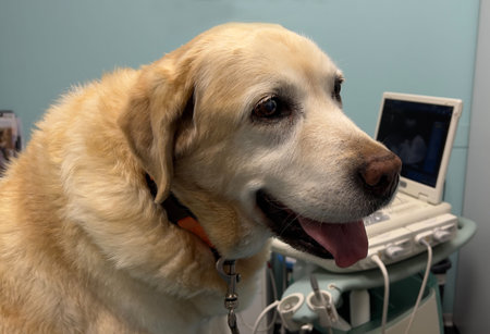 Labrador Retriever at the reception of an ultrasound in a veterinary clinicの写真素材