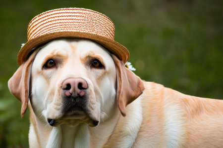 Labrador Retriever in a hat on a green grass background