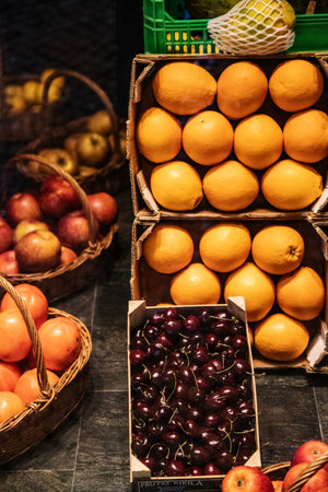 Fruits on the counter of a grocery store in Barcelona, Spainの写真素材