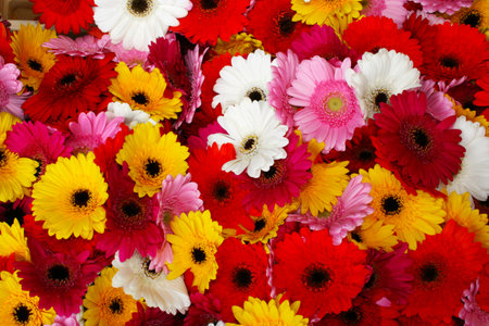 Colorful gerbera flowers for sale at a market stall.の写真素材
