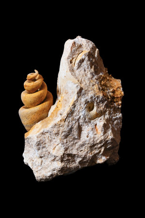 Fossil of the rock on a black background. Macros.の写真素材