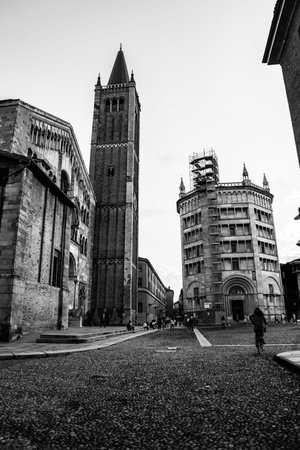Tower of the Cathedral, Italy. Black and white.