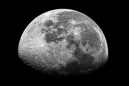 Moon closeup showing the detail of the lunar surface in black and whiteの写真素材