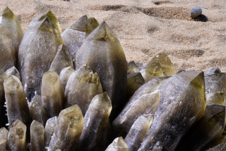 Captivating close-up of smoky quartz crystals in natural light.の写真素材