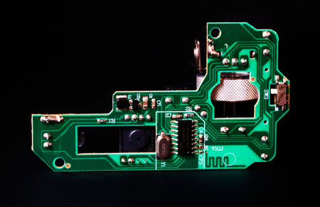 Electronic circuit board isolated on black background. Close-up.