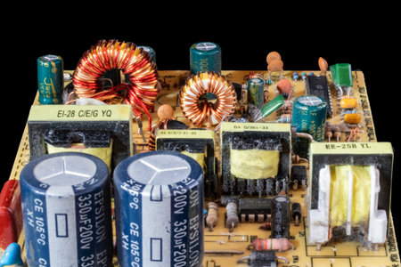 Close-up of electronic components on black background. Selective focus.の写真素材