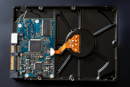 Close up of hard disk drive on black background with copy space.の写真素材