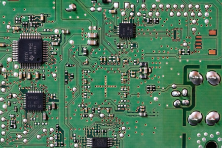 Close-up of electronic circuit board with electronic components. Technology background