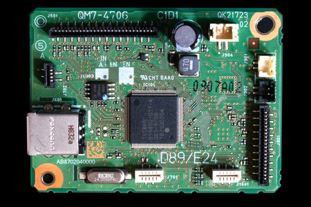 Close up of electronic circuit board with microchips and capacitors