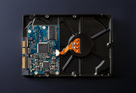 Disassembled hard drive on a black background. Close-up.の写真素材