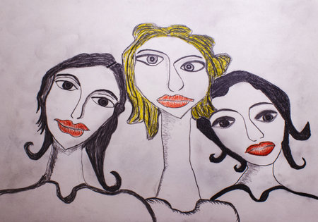 Drawing of a group of women with different hairstyles and makeupの写真素材