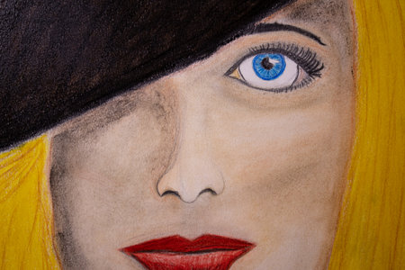 Close-up portrait of a beautiful girl with blue eyes and red lipsの写真素材