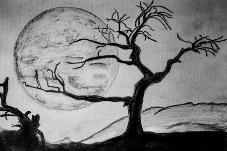 Black and white illustration of a tree with a full moon in the backgroundの写真素材