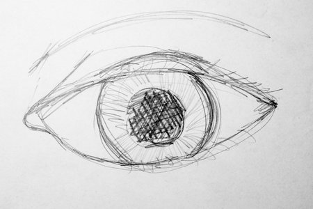Eye drawing with pencil on paper. Black and white. Copy space.の写真素材