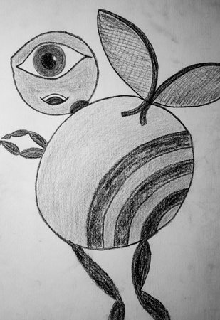 Drawing of an apple on a white paper. Black and white.の写真素材