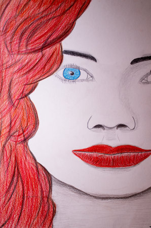 Drawing of the face of a beautiful woman with red hair.の写真素材