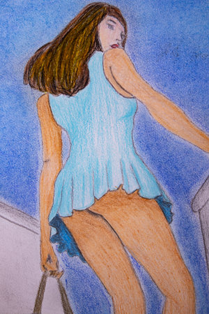 Sketch of a beautiful girl in a blue dress on a blue backgroundの写真素材