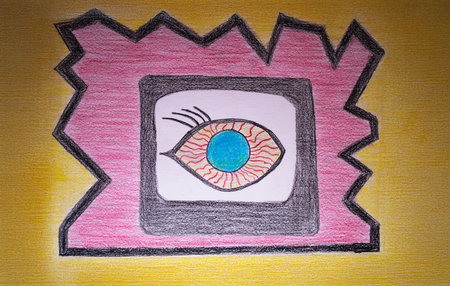 Drawing of eye on yellow background. Close-up image.の写真素材