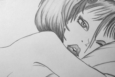 drawing of a girl on paper, close-up, black and whiteの写真素材
