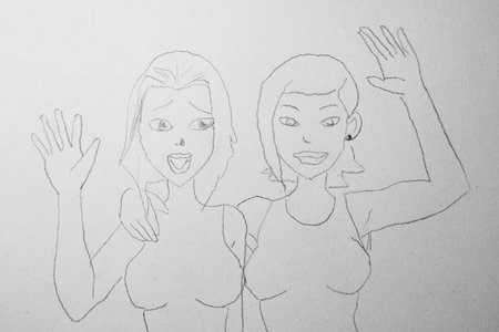 Drawing of two women with different emotions on a white background.の写真素材