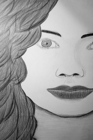 Drawing of a woman's face. Black and white image.の写真素材