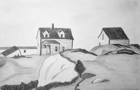 Hand drawn rural landscape with a house on the hill. Pencil drawing.の写真素材