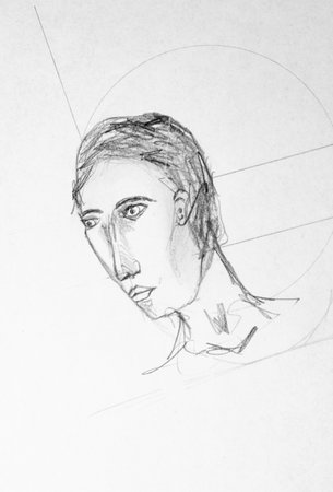 Pencil sketch of a young woman looking at the camera. Hand-drawn illustration.の写真素材