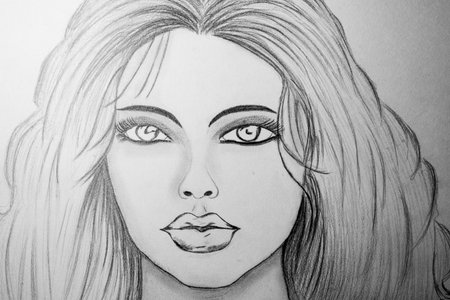 Drawing of a beautiful girl with long hair. Black and whiteの写真素材