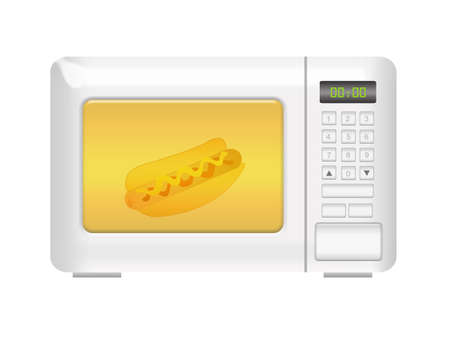 white microwave with hot dog isolated over white backgroundの写真素材