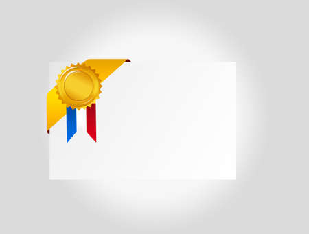 white diploma with gold medal over gray and white backgroundの写真素材