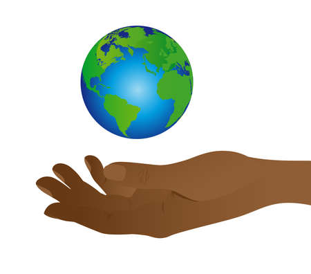 green and blue planet floating with hand isolated over white backgroundのイラスト素材