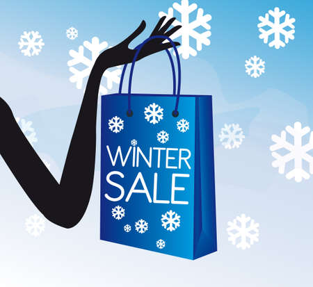 blue and white winter shopping sale with hand over snow landscape background. のイラスト素材